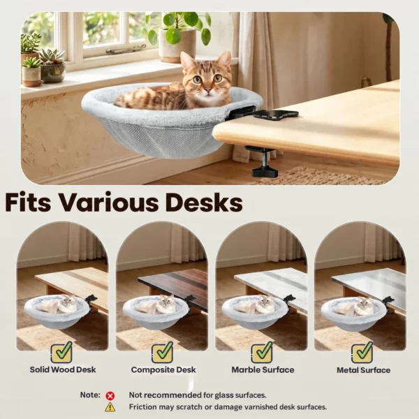 Metal support, adjustable clamp, and protective pad on the desk-mounted cat bed