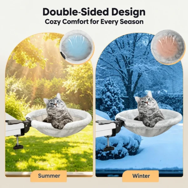 The cat bed's mesh side and soft-lined side for different seasons