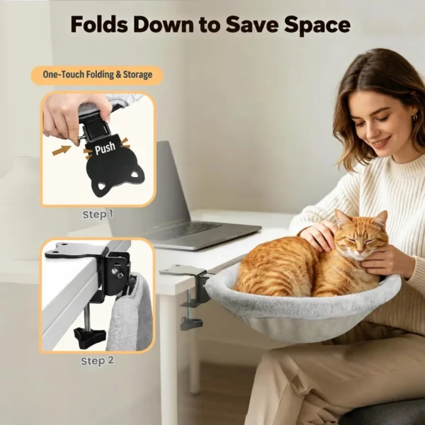 Desk-side cat bed with its fold-down mechanism shown